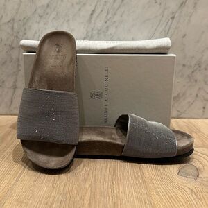 Brunello Cucinelli Monili Suede Footbed Slide Sandals